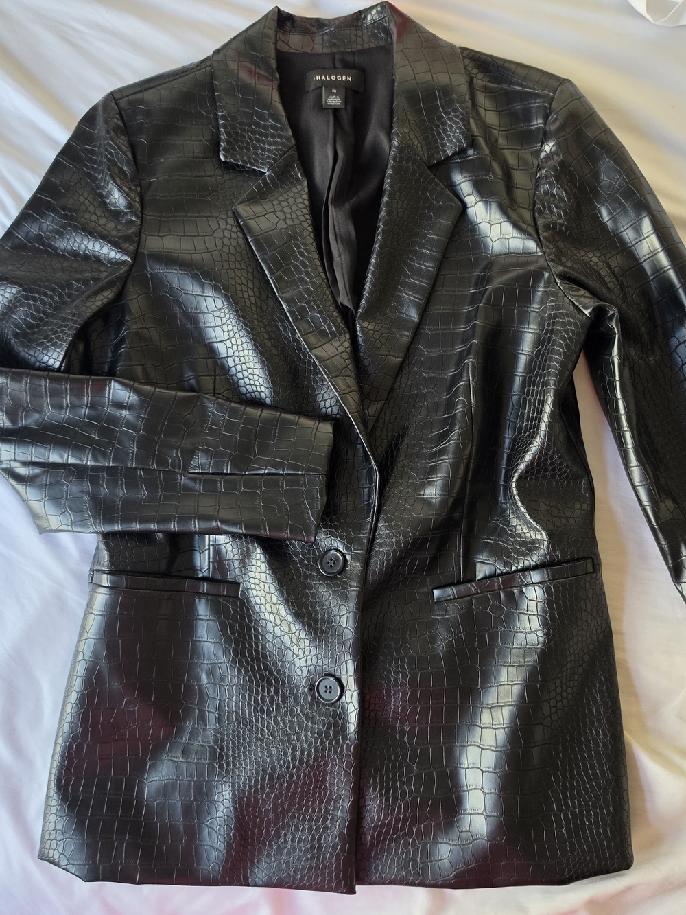 Halogen Black Faux Leather Crocodile Skin Long Jacket Size Medium Buttons